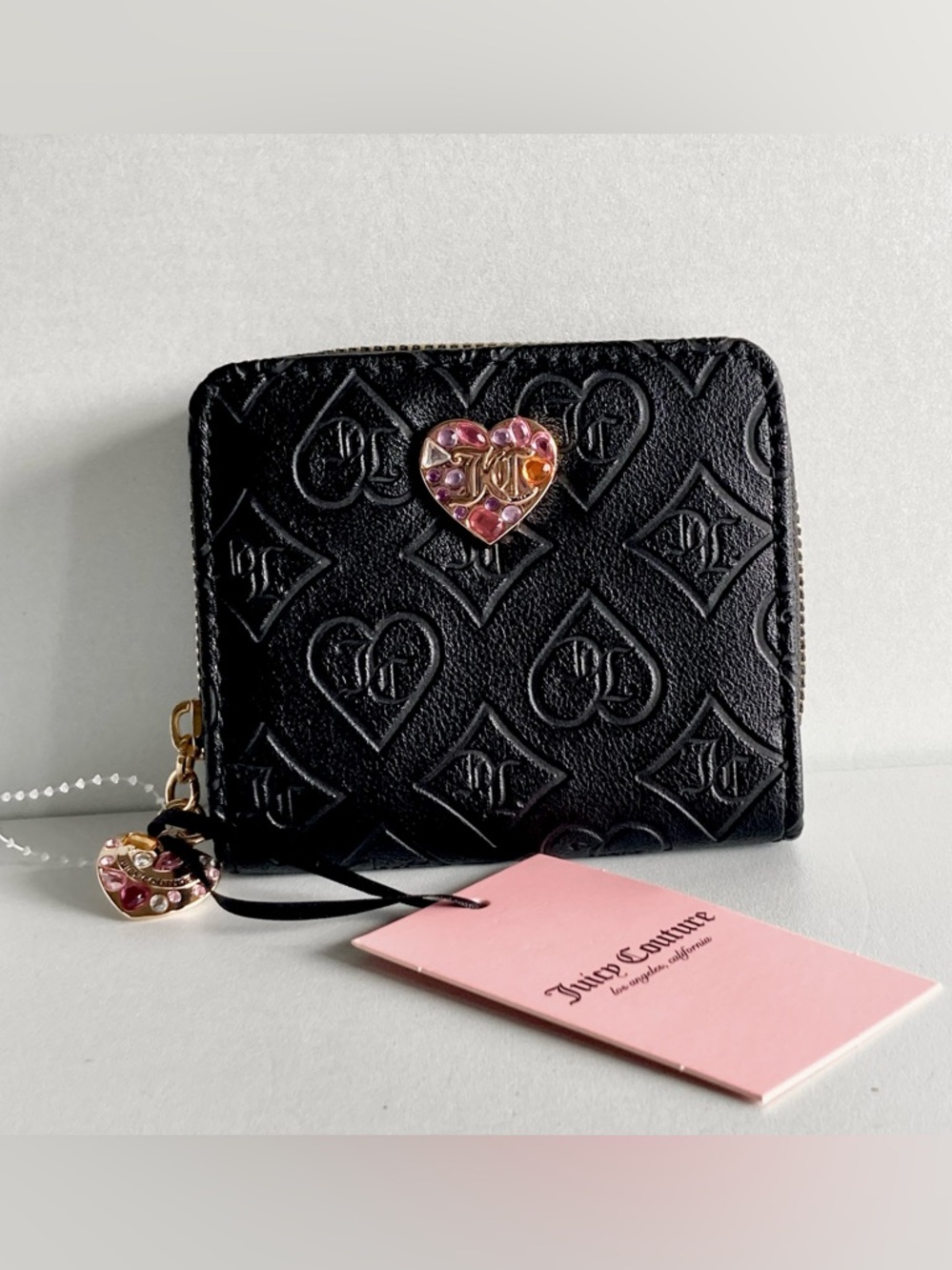Juicy Couture Black Embossed Heart Zip Wallet with Jeweled Heart Accent